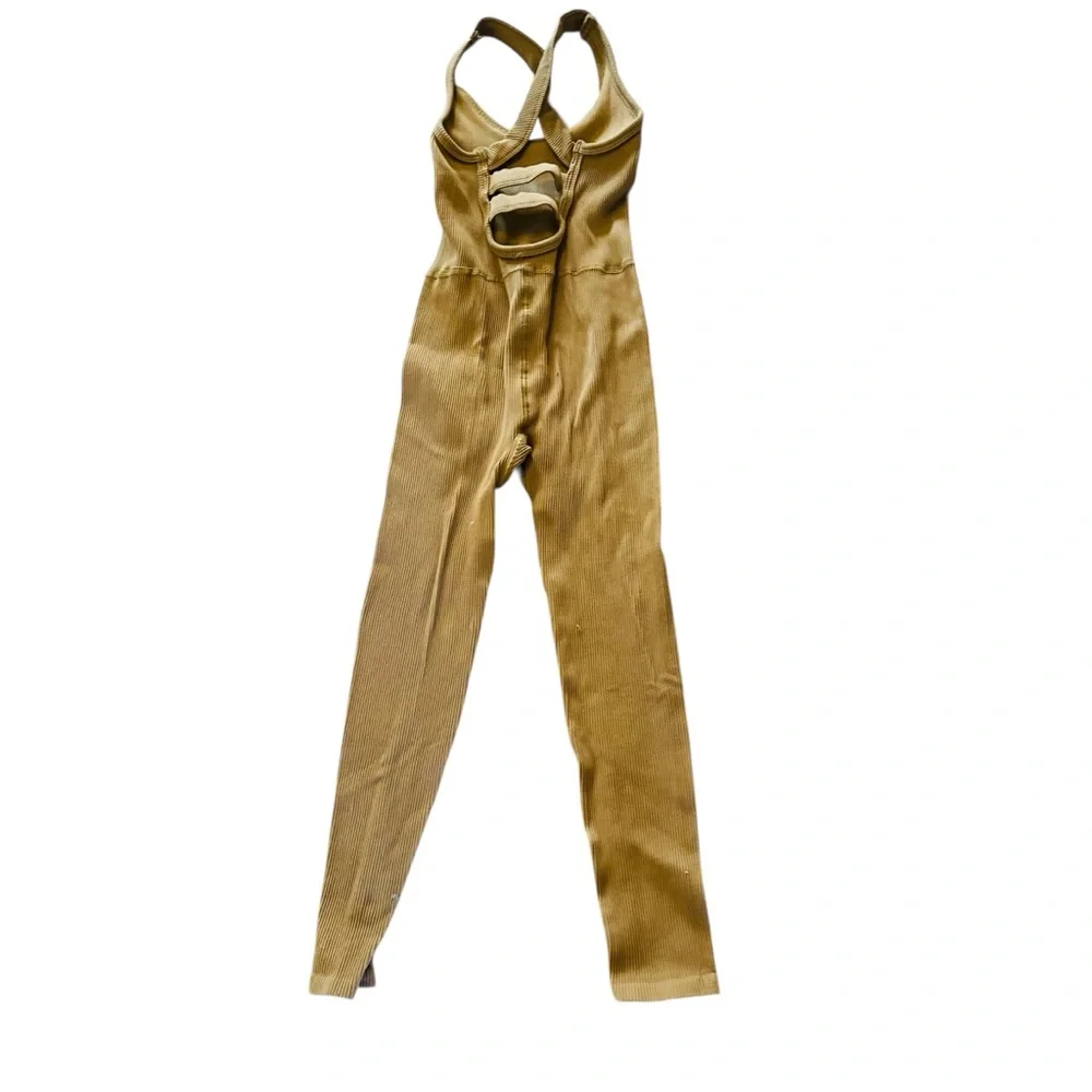 Free People Movement Free Throw Ribbed Onesie Jumpsuit in Mushroom Tan XS